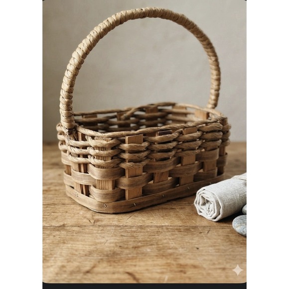 Handmade Other - Vtg Handwoven Paper Rope Basket Wood Base Folk Art Primitive Farmhouse Signed